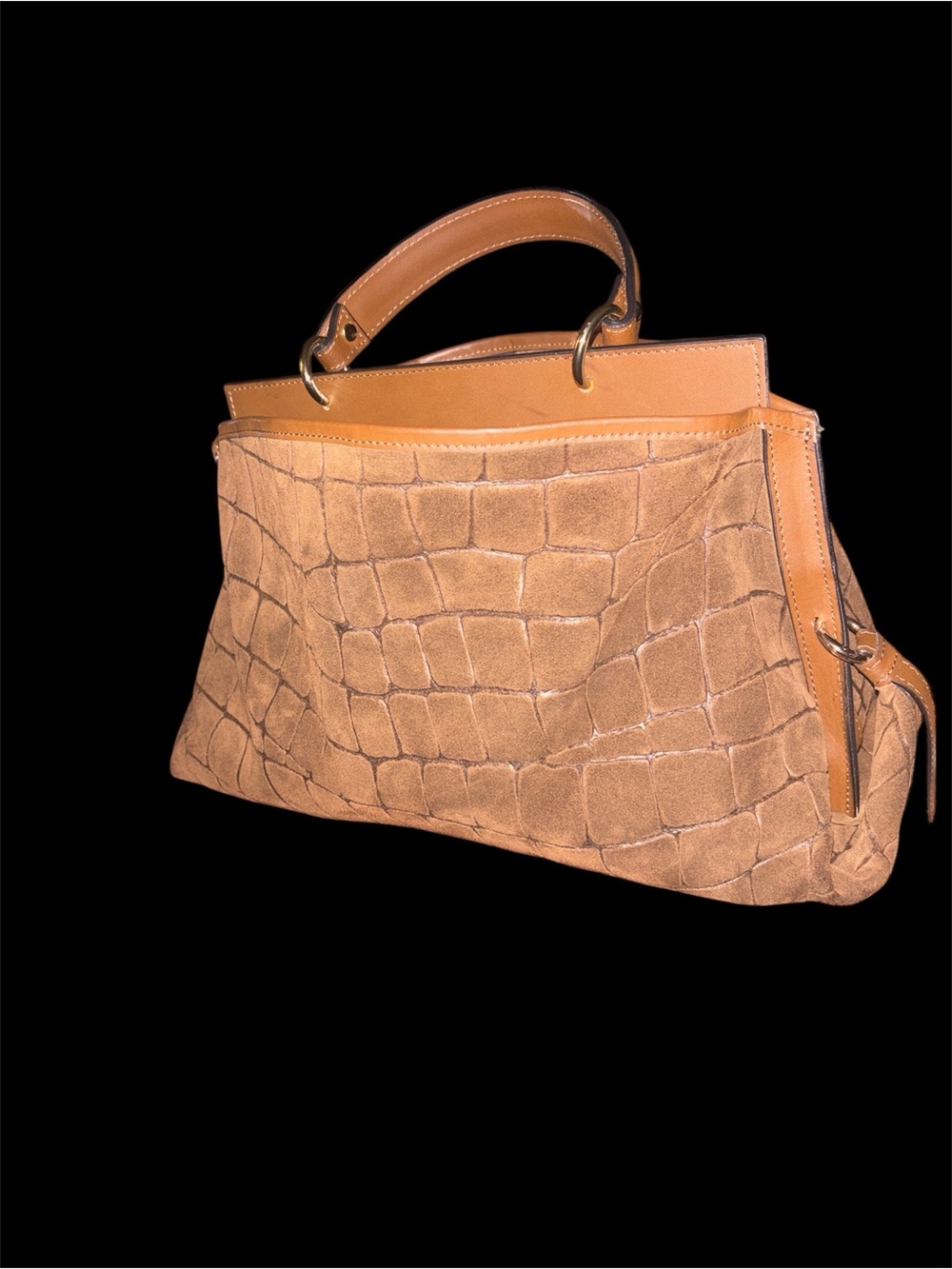Stylish ITALIAN Suede Croc-Embossed Top-Handle Bag in Brown
